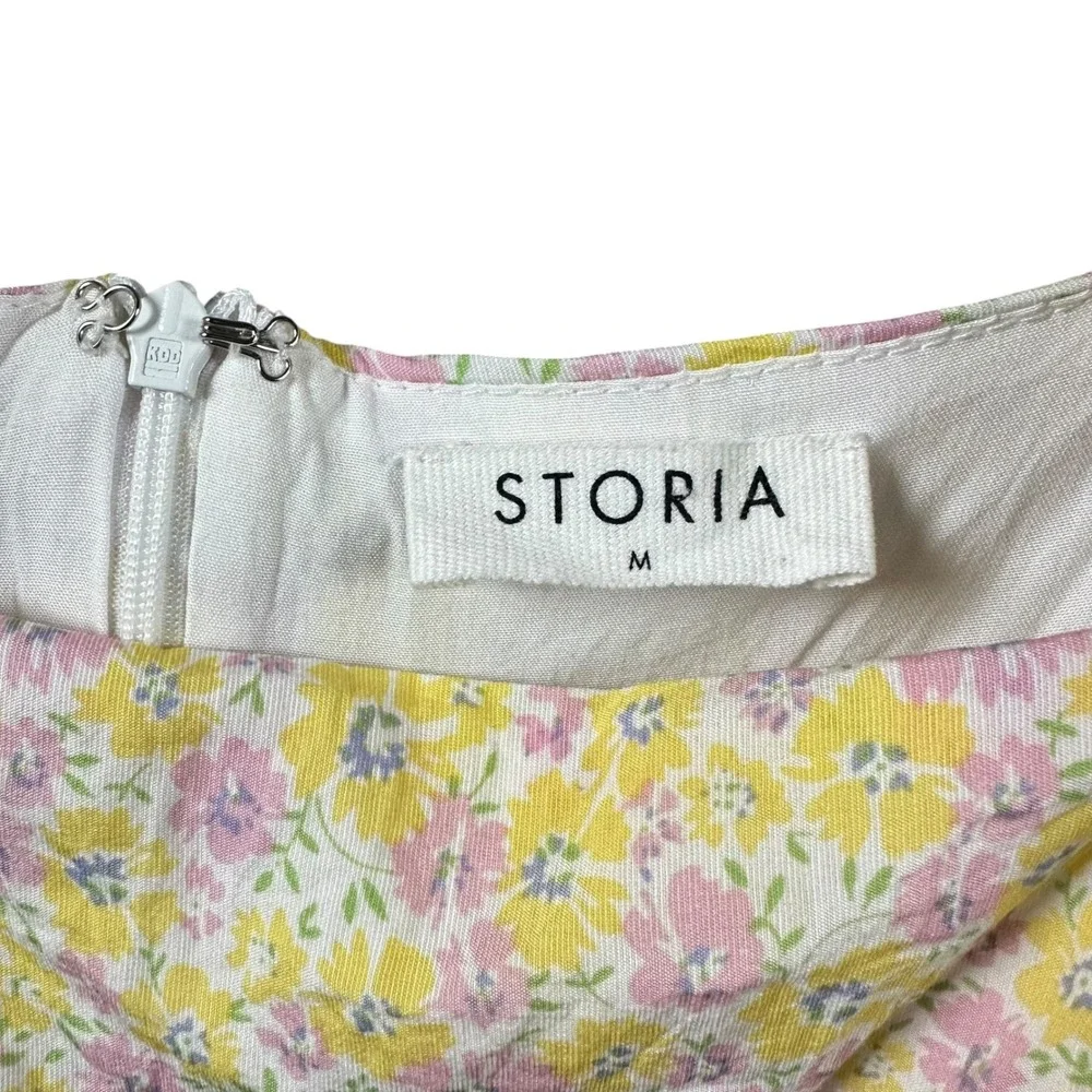 Storia Yellow Floral Puff Sleeve Babydoll Mini Dress M Square Neck Cottagecore - Picture 4 of 12
